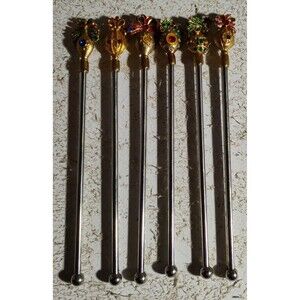 6 Bombay Gold Plated Enameled Jewled Christmas Cocktail Stirrers
